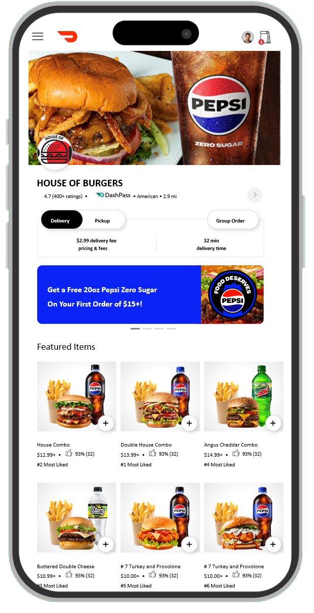 Burger combo paired with a Pepsi beverage in a MenuPro ordering screen