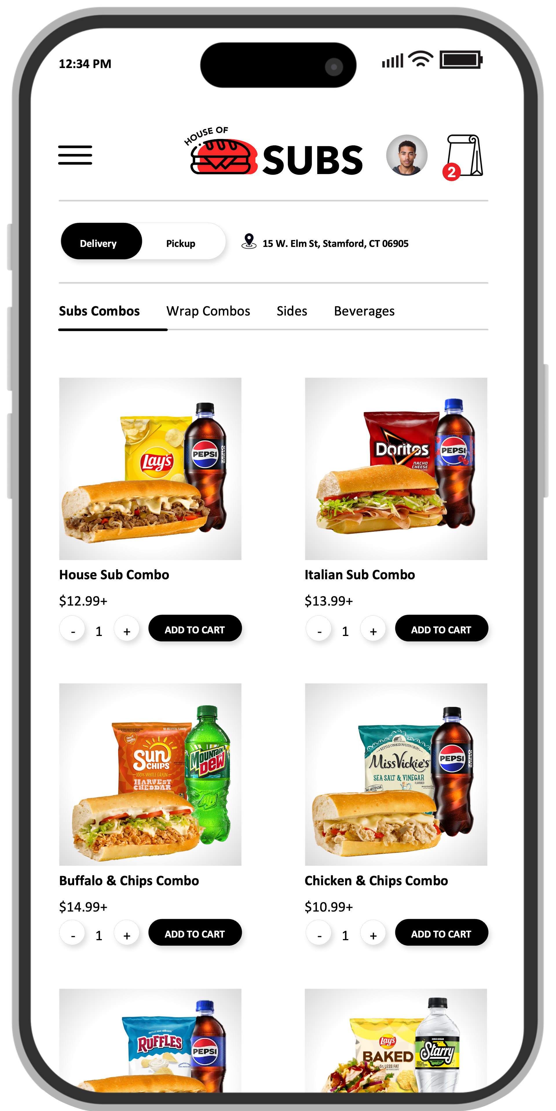 Mobile ordering menu showing combo items with Pepsi beverages
